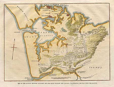 Map of the Country between Auckland and the River Waikato, New Zealand, Illustrating the War with the Natives