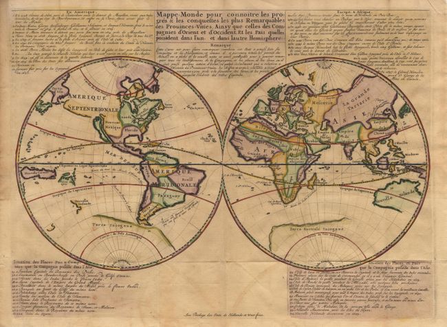Mappe-Monde pour connoitre les progres & les conquestes plus Remarquables des Provinces-Unies, Ainsy que celles des Compagnies d' Orient et d' Occident, Et les Pais quelles possedent dans l' un et dans lautre Hemisphere