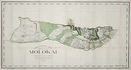 Molokai. Primary Triangulation by W.D. Alexander and M.D. Monsarrat.  Topography and Boundaries by M.D. Monsarrat.  Map by F.S. Dodge, C.J. Willis and S.M. Kanakanui.  Scale 1:60000. 1897.