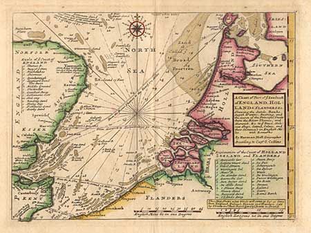 A Chart of Part of ye Sea Coast of England, Holland & Flanders &c. Shewing the Sands, Banks, Depth of water, Bearing and the course of the Principal Tracts from the River Thames, and Harwich, &c