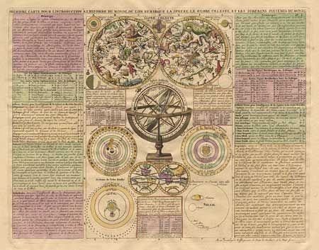 Premiere Carte Pour l'Introduction a l'Histoire du Monde, ou l'on Remarque la Sphere le Globe Celeste, et les differens Systemes du Monde