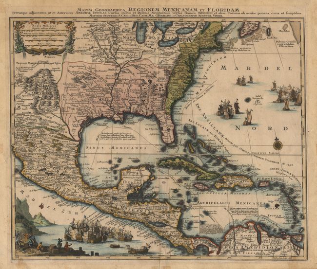 Mappa Geographica Regionem Mexicanam et Floridam. Terrasque  adjacentes, ut et Anteriores Americae Insulas, Cursius itidem et Reditus Navigantium versus flumen Missispi et alias Colonias ob oculos ponens, cura et sumtibus