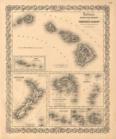 Colton's Hawaiian Group or Sandwich Islands [on sheet with] New Zealand [and] Feejee Islands 