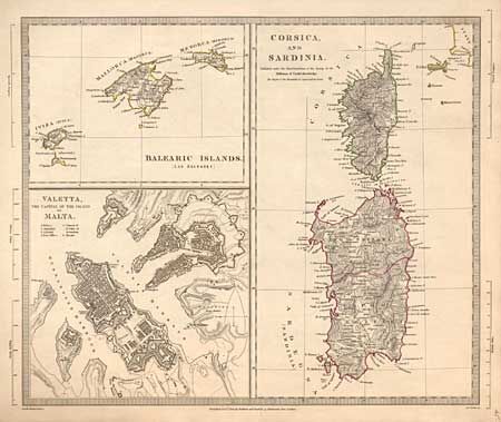 Corsica and Sardinia [on sheet with] Balearic Islands [and] Valetta, The Capital of the Island of Malta